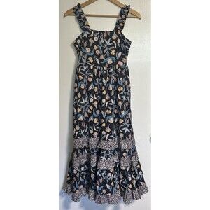 Universal Thread Sun Dress XS Maxi cotton floral navy blue ruffle tiered pockets